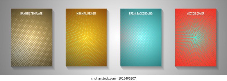 Tech circle perforated halftone title page templates vector set. Business flyer faded halftone backdrops. Vintage cartoon comics style cover page layouts. Overlay spots grid