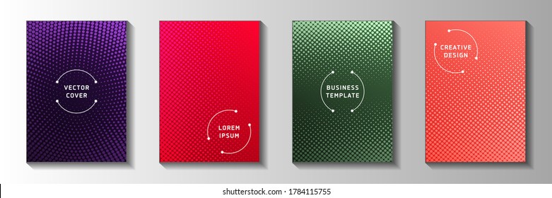 Tech circle screen tone gradation title page templates vector collection. Medical magazine faded screen tone backdrops. Vintage manga comics style front page layouts. Linear design.