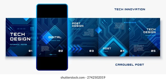 Tech circuit board background for AI carousel posts. Digital blue pattern with electronic lines, perfect for social media templates and futuristic technology presentations.