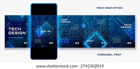 Tech circuit board background for AI carousel posts. Digital blue pattern with electronic lines, perfect for social media templates and futuristic technology presentations.