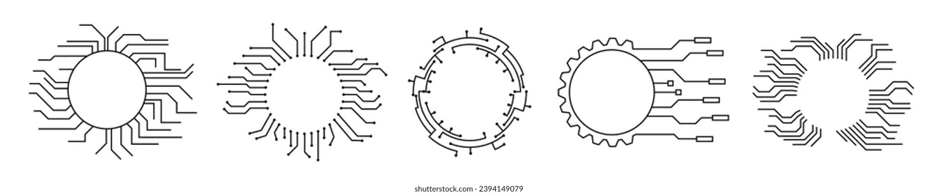 Tech circular cpu chip frame. Digital ai deep learning futuristic circle border. Line microchip game interface vector 
