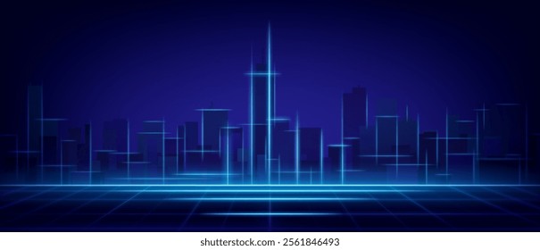 Tech city abstract neon scene with glowing blue geometric skyline. Futuristic digital metropolis silhouette on dark background with luminous grid. Cyberpunk urban landscape for technological concept.