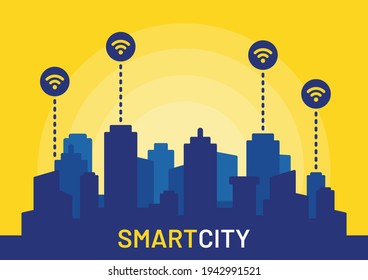 Tech City, blue Smart City connected illustration on yellow background. City center with high buildings. Wifi sign connection technology.