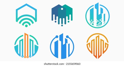 Conjunto de iconos del logotipo de Tech City. Vector de diseño de plantillas de símbolos. Ilustración vectorial de construcción de conceptos