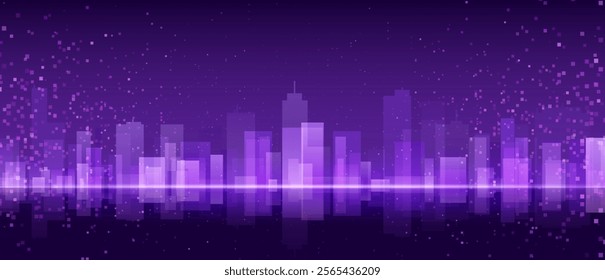 Tech city nightscape with neon purple skyline - abstract digital metropolis silhouette illuminated by glowing lights. Futuristic urban background with luminous skyscrapers reflected on dark surface.