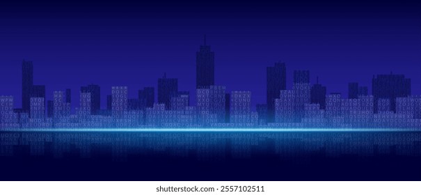 Tech city skyline background. Vector realistic illustration of dark blue cityscape, modern building silhouettes and skyscrapers, futuristic communication technology, virtual reality, business banner