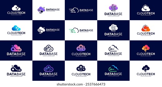 coleção de logotipo de nuvem de tecnologia, armazenamento digital, serviços técnicos, vetor de design gráfico.