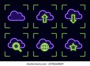 Tech cloud symbol set, cyber neon visual, glowing border grid vector.	