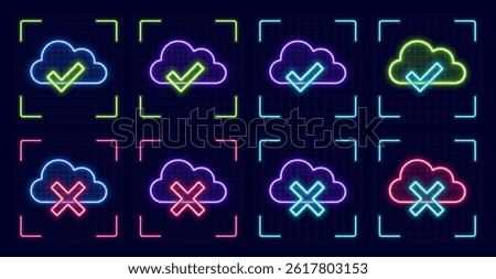 Tech cloud yes or no symbol set, cyber neon visual, glowing border grid vector.