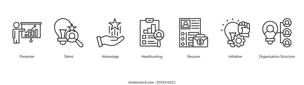 Tech Collaboration Icon Sheet presenter, talent, advantage, headhunting, resume, initiative, organization structure