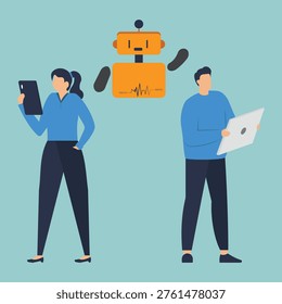 Tech Collaboration: Two individuals, engrossed in modern devices, converge with a futuristic robot, symbolizing the fusion of human ingenuity and artificial intelligence.