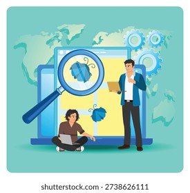 Tech collaboration as two professionals examine software bugs on screens, aided by magnifier. Symbolizing research, problem solving, and innovation in digital development. Beta testing concept.