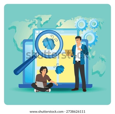 Tech collaboration as two professionals examine software bugs on screens, aided by magnifier. Symbolizing research, problem solving, and innovation in digital development. Beta testing concept.
