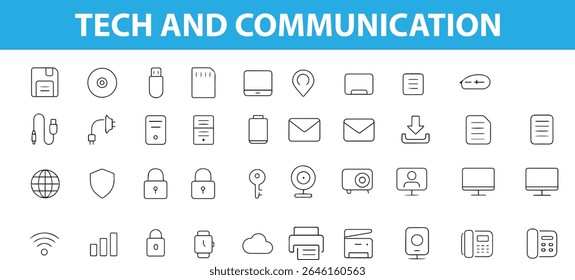 Ícones de tecnologia e comunicação, bate-papo, e-mail, telefone, Wi-Fi, nuvem, laptop, vídeo call e muito mais, formatos editáveis: EPS, JPG

