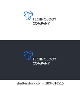 Logo de la compañía tecnológica. Letra 3D única T con el sencillo tipo de letra minimalista. Logo tecnológico y científico con líneas limpias y colores vibrantes.