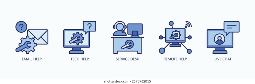 Tech Connect Icon Set Isolated Vector With Icon Of Live Chat, Tech Help, Service Desk, Email Help, Remote Help In Blue Style