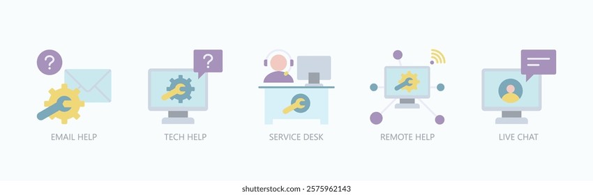 Tech Connect Icon Set Isolated Vector With Icon Of Live Chat, Tech Help, Service Desk, Email Help, Remote Help In Flat Style