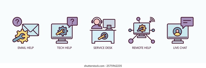 Tech Connect Icon Set Isolated Vector With Icon Of Live Chat, Tech Help, Service Desk, Email Help, Remote Help In Outline Color Style