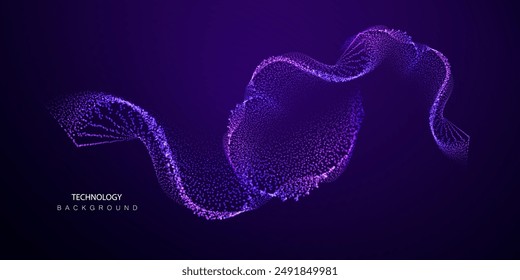 Tech connect particles glowing abstract background. Futuristic neon dots splash surface shapes design. Modern cyber light big data technology and science vector.