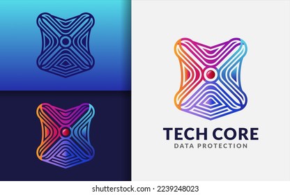 Tech Core Logo Design. Modern Shield with Colorful Lines Style Combined with Dot as the Shield Core.