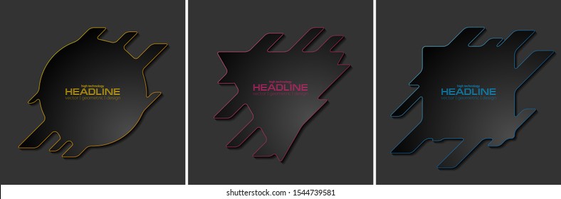 Tech corporate geometric shapes stickers labels design. Black circle, triangle and square elements. Vector background