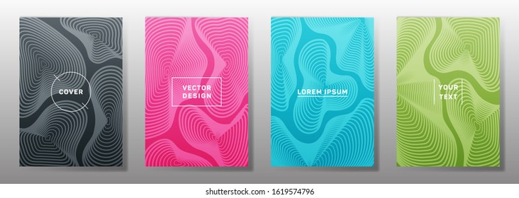 Tech cover templates set. Fluid curve shapes geometric lines patterns. Abstract backgrounds for cataloges, corporate brochures. Line stripes graphics, title elements. Cover page layouts set.