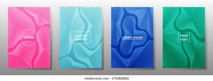 Tech cover templates set. Fluid curve shapes geometric lines patterns. Halftone poster, flyer, banner vector backgrounds. Line shapes patterns, header elements. Annual report covers.