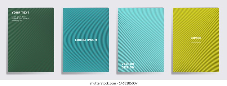 Tech cover templates set. Radial semicircle geometric lines patterns. Halftone backgrounds for cataloges, corporate brochures. Line stripes graphics, title elements. Cover page layouts set.
