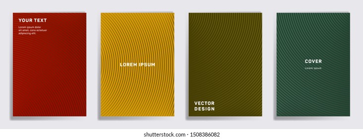 Tech cover templates set. Radial semicircle geometric lines patterns. Abstract poster, flyer, banner vector backgrounds. Line shapes patterns, header elements. Cover page layouts set.