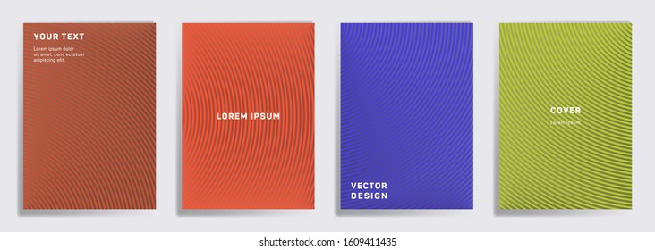 Tech cover templates set. Radial semicircle geometric lines patterns. Abstract backgrounds for notepads, notice paper covers. Line shapes patterns, header elements. Cover page layouts set.