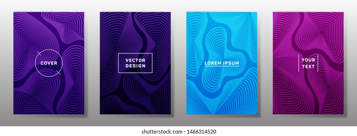 Tech covers linear design. Fluid curve shapes geometric lines patterns. Abstract backgrounds for catalogues, business magazine. Line stripes graphics, title elements. Cover page templates.