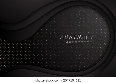 Tech Dark abstract design with black overlap layers background. Texture with metals glitters dots decoration.