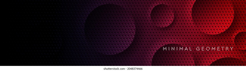 Tech dark red abstract perforated background with glossy circles. Geometric vector banner
