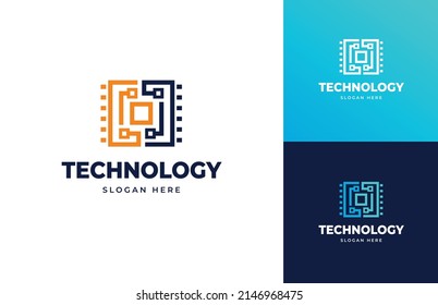 Tech data wire circuit vector logo design, Modern digital innovation chip board logo design