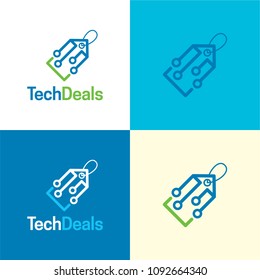Tech Deals Logo and Icon. Vector Illustration. Smart logo featuring a price tag which is also forming a circuit and a hidden arrow facing to the up right corner.