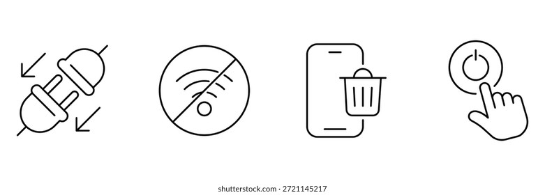Conjunto de iconos de desintoxicación tecnológica, desconecte el enchufe de alimentación, sin conexión wi-fi, teléfono móvil de basura, ilustración de interruptor de toque con el dedo.