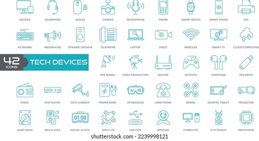 Tech Device thin lines Flat Icon Solid style,isolated Simple Communication icon set,easy to change colour and size,Device and technology web Icon in Vector Format , all are 42 icons