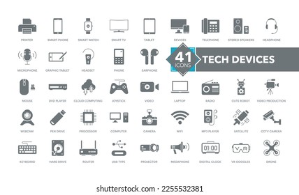 Tech Device thin lines Flat Icon Solid style,isolated Simple Communication icon set,easy to change colour and size,Device and technology web Icon in Vector Format , all are 41 icons