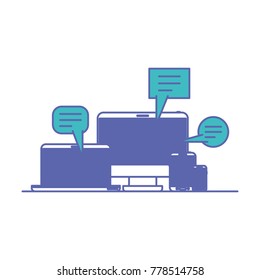 tech devices and dialogue speech in blue and purple color sections silhouette