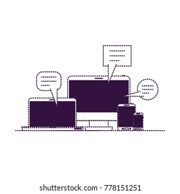 tech devices and dialogue speech in purple dotted silhouette