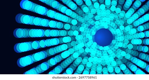 Tecnología de fondo digital. Patrón digital futurista azul con ilusión de profundidad. Puntos brillantes ligeros que forman forma de túnel con efecto de movimiento radial. Tecnología moderna Ilustración vectorial abstracta.