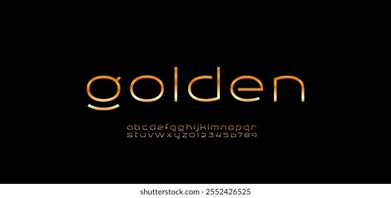 Tech digital font, cyber golden alphabet made future style, gold letters A, B, C, D, E, F, G, H, I, J, K, L, M, N, O, P, Q, R, S, T, U, V, W, X, Y, Z and numerals 0, 1, 2, 3, 4, 5, 6, 7, 8, 9