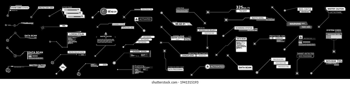 Títulos de llamadas digitales y de interfaz de usuario de tecnología en estilo HUD futurista. Etiquetas de barras vectoras, barras de cajas de llamadas de información e información digital. Plantilla de títulos de llamadas de interfaz de usuario futurista. casillas de información HUD. Vector