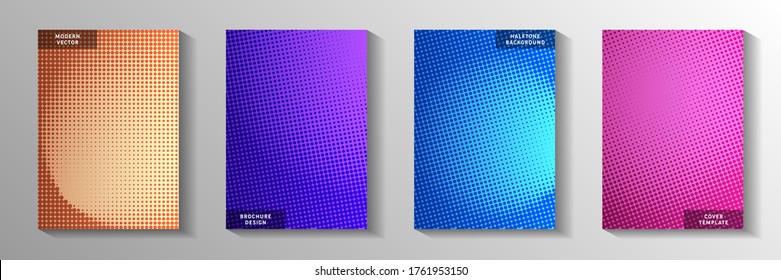 Tech dot perforated halftone title page templates vector batch. Scientific brochure faded halftone patterns. Retro comics style cover leaflets. Optical effects.