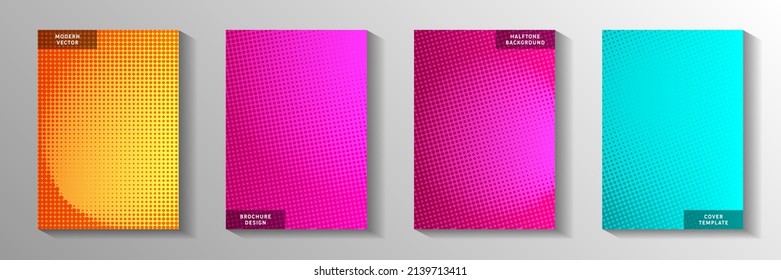 Tech dot screen tone gradation cover templates vector kit. Geometric brochure faded screen tone backgrounds. Retro comics style cover page leaflets. Rectangle albums.