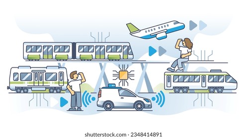 Tech driven transportation with sensory assistance technology outline concept. Modern innovation for public transport, vehicles or aviation vector illustration. Autonomous traffic sensor installation