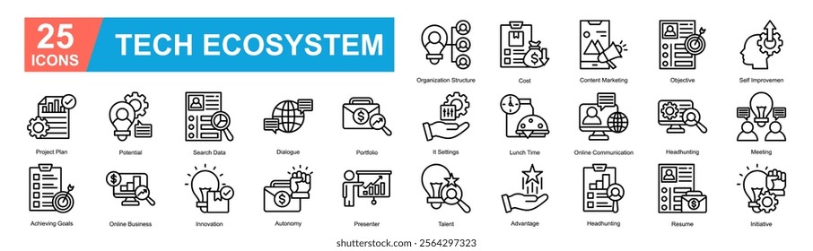 Tech Ecosystem Icon Sheet Project Plan, Potential, Search Data, Dialogue, Portfolio, It Settings, Lunch Time, Online Communication, Headhunting, Meeting, Achieving Goals, Online Business, Innovation