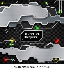Tech electric board template with metal components and colorful lights on dark grid vector illustration