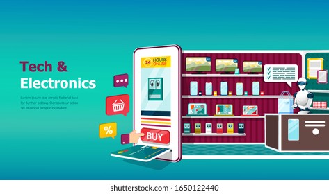 Tech and Electronics shop with robotic assistant and fully stocked shelves behind a payment app on a mobile device with credit cards and shopping icons, vector illustration