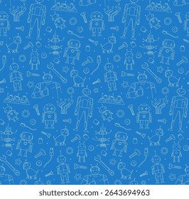Tech Elements Doodle STEM Education Pattern with Mechanical Parts and Robots. Seamless Doodle Pattern with Robots, Tools, and Microchips STEM and Engineering Theme. Line Art Robotics Pattern.